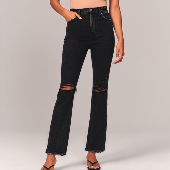 Abercrombie & Fitch Ankle Straight Ultra High Rise Distressed Jeans Black 31 12R - Picture 1 of 11